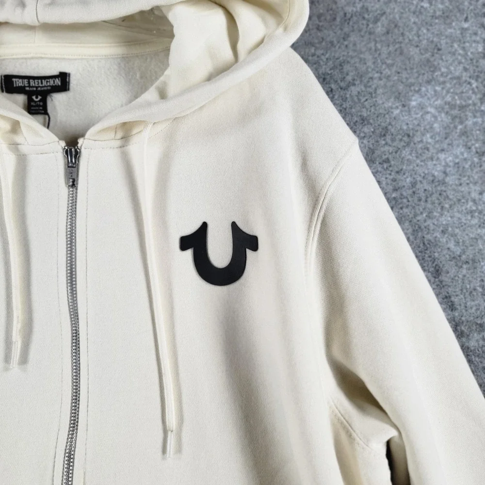 NWT True Religion Zip-Up Hoodie Mens XL Winter White Fleece Classic Logo Graphic